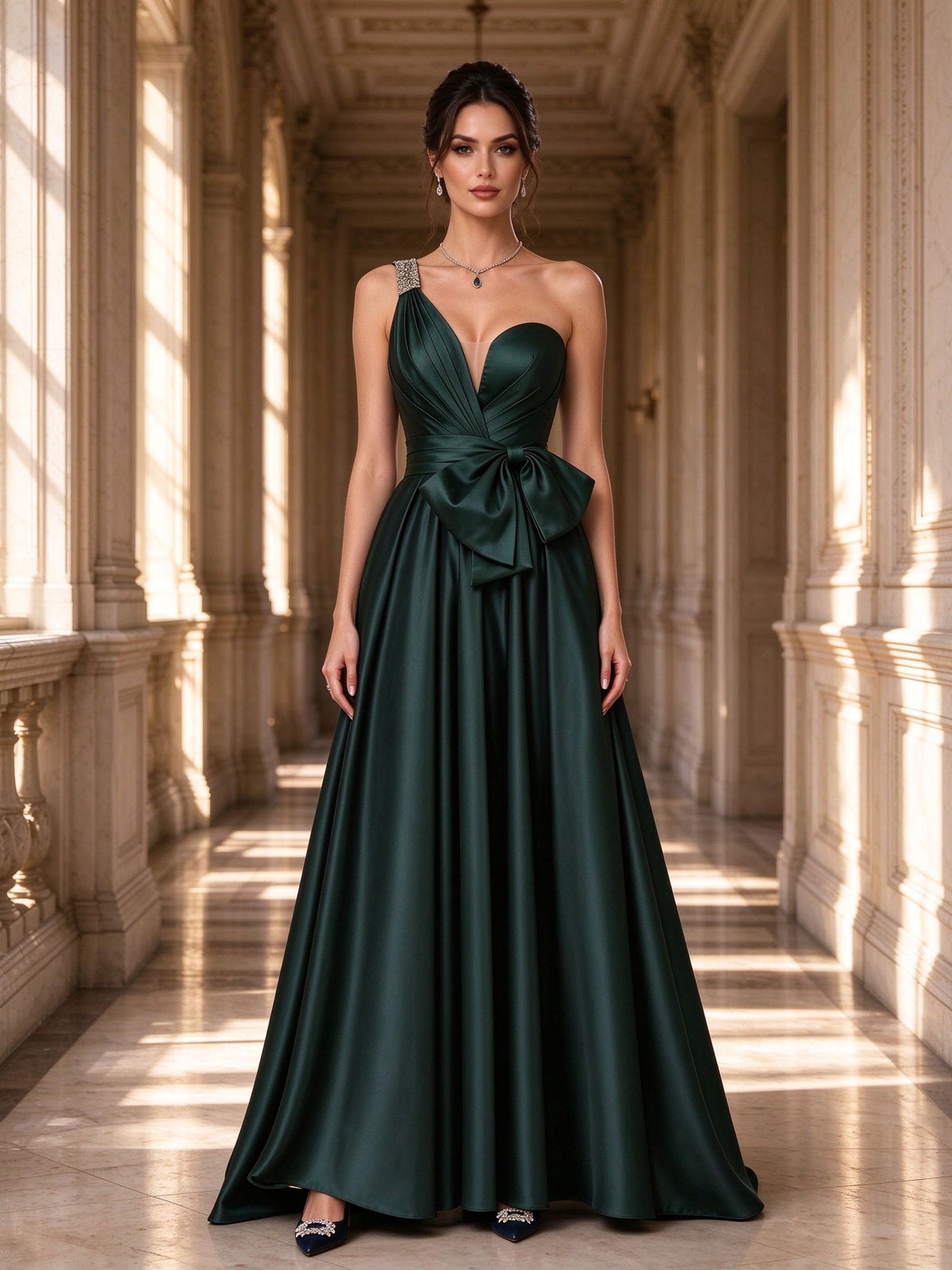 Emerald Green One Shoulder Rhinestone Bow Satin Evening Dress