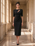 Black Asymmetric Cutout Ruched Elbow Sleeve Midi Dress