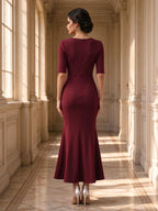 Burgundy Asymmetric Cutout Ruched Mermaid Midi Dress