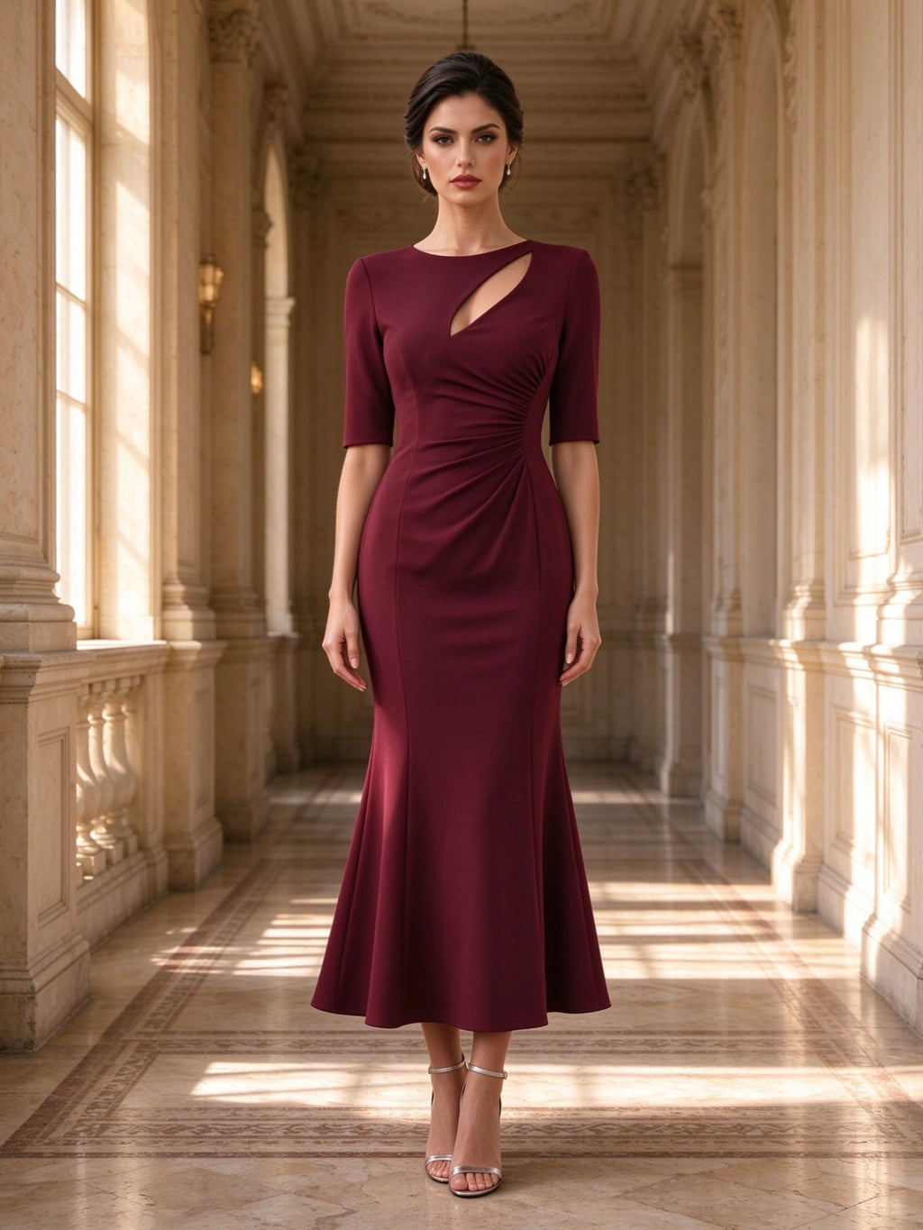 Burgundy Asymmetric Cutout Ruched Mermaid Midi Dress