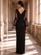 Black V Neck Sheer Bishop Sleeve Fringe Slit Evening Dress