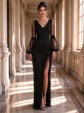 Black V Neck Sheer Bishop Sleeve Fringe Slit Evening Dress