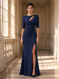 Navy Blue Asymmetric Cutout Ruched Slit Evening Dress