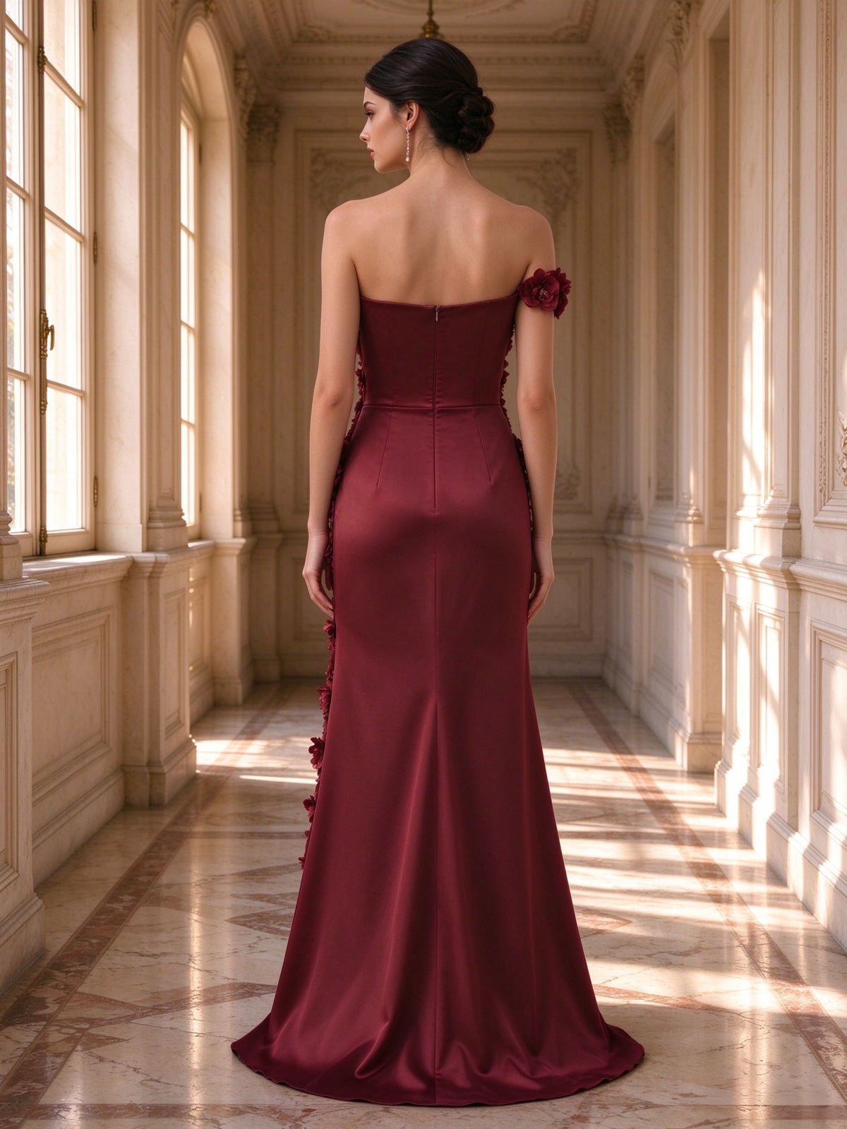 Burgundy Off Shoulder 3D Floral Satin Slit Evening Dress