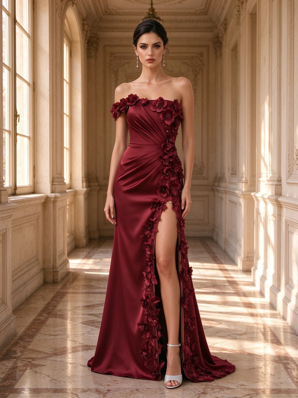 Burgundy Off Shoulder 3D Floral Satin Slit Evening Dress