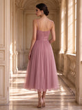 Dusty Pink Spaghetti Strap Pleated Tulle A Line Midi Dress