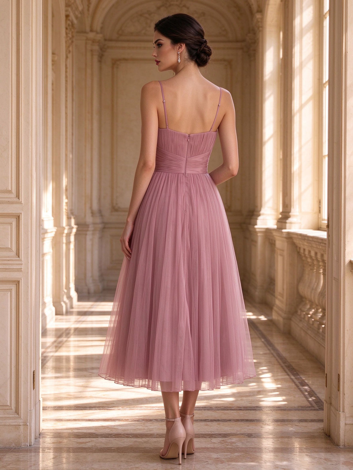 Dusty Pink Spaghetti Strap Pleated Tulle A Line Midi Dress