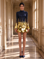 Navy Blue High Neck Sequin Gold Disc Mini Dress