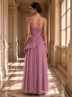 Dusty Rose One Shoulder Layered Tulle Evening Dress