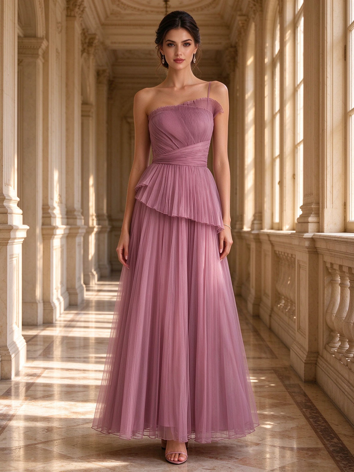 Dusty Rose One Shoulder Layered Tulle Evening Dress