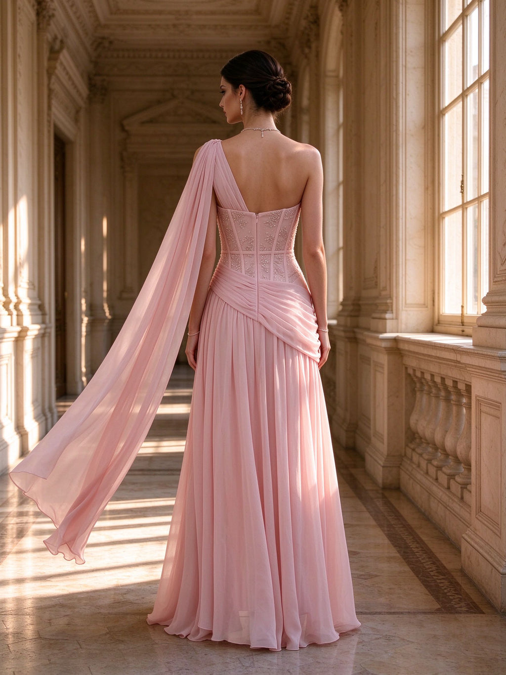Blush Pink One Shoulder Beaded Corset Slit Evening Dress