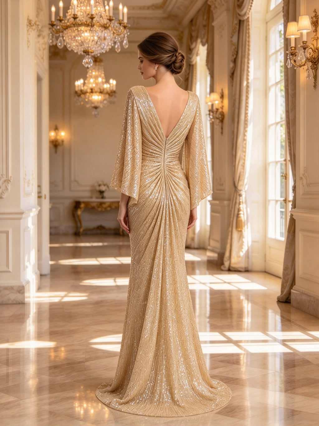 Gold Sequin V Neck Bell Sleeve Ruched Mermaid Evening Dress