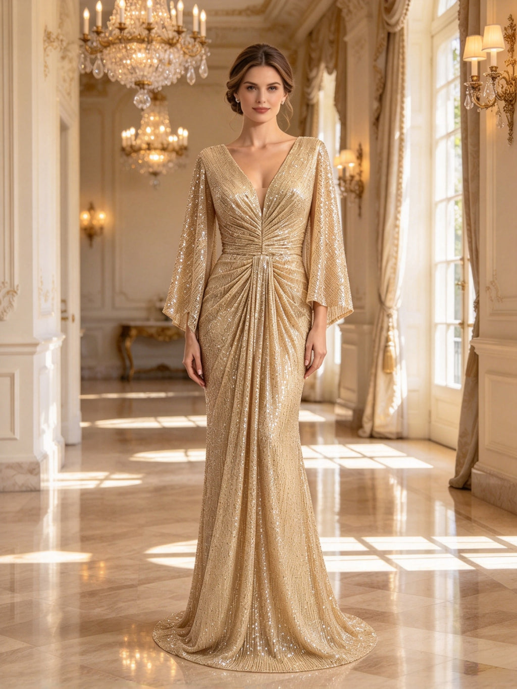 Gold Sequin V Neck Bell Sleeve Ruched Mermaid Evening Dress