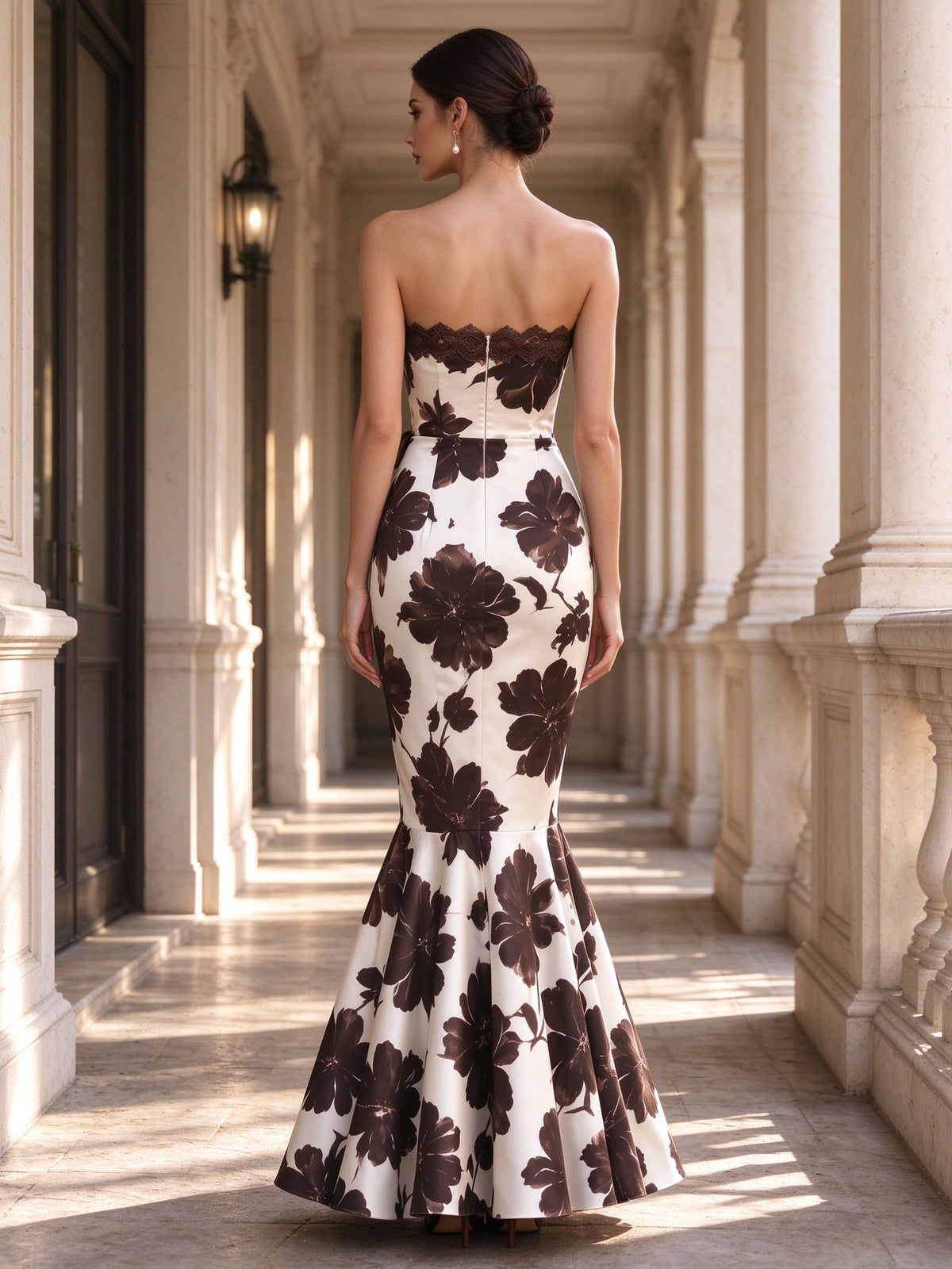 Brown Floral Print Strapless Lace Bow Mermaid Midi Dress