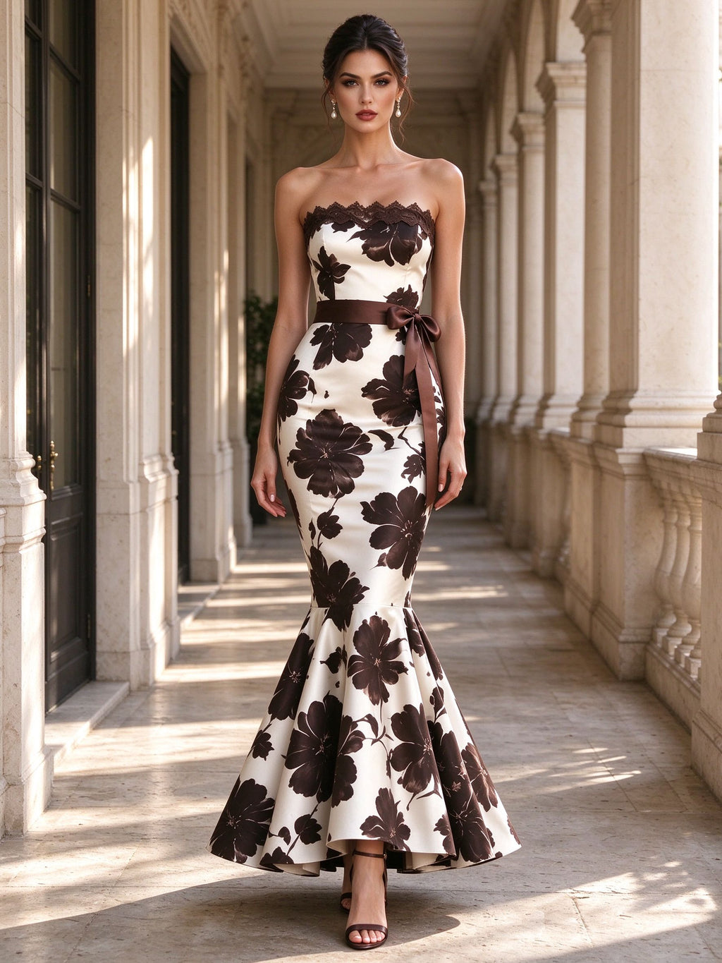 Brown Floral Print Strapless Lace Bow Mermaid Midi Dress