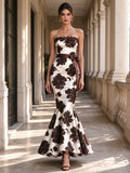 Brown Floral Print Strapless Lace Bow Mermaid Midi Dress