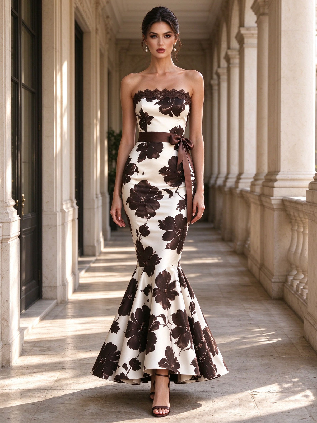 Brown Floral Print Strapless Lace Bow Mermaid Midi Dress