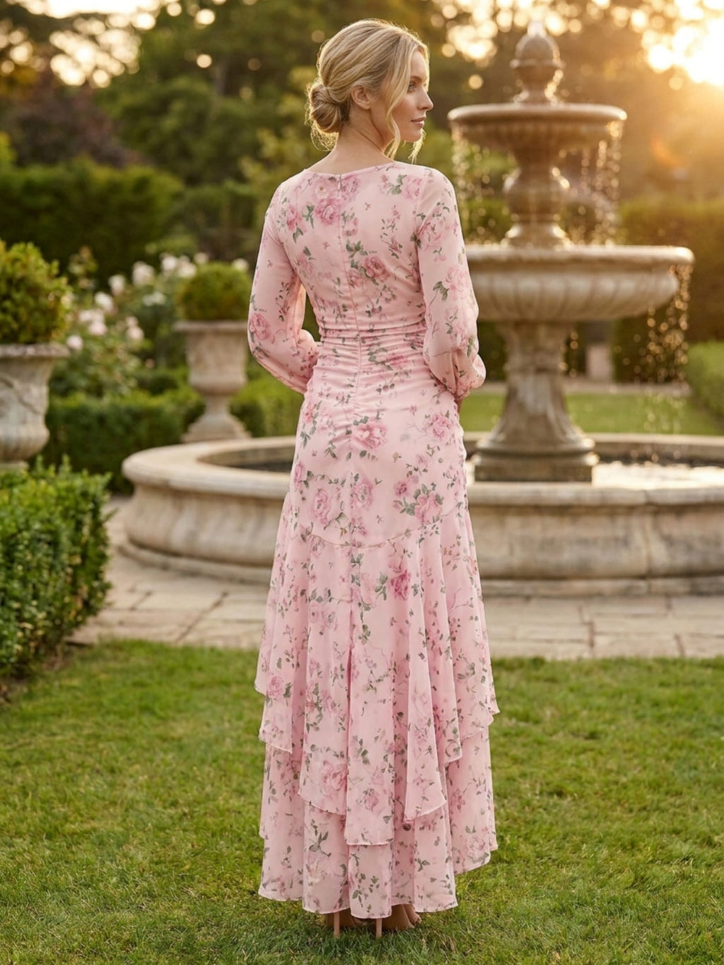 Pink Rose Floral Print Sheer Long Sleeve High Low Dress