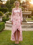 Pink Rose Floral Print Sheer Long Sleeve High Low Dress