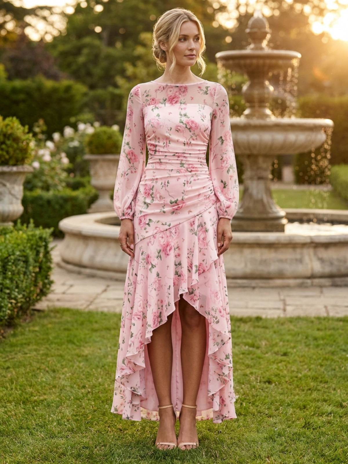 Pink Rose Floral Print Sheer Long Sleeve High Low Dress