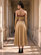 Champagne Velvet Strapless Lace Bow Midi Dress with Gloves