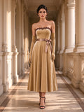 Champagne Velvet Strapless Lace Bow Midi Dress with Gloves