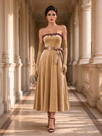 Champagne Velvet Strapless Lace Bow Midi Dress with Gloves