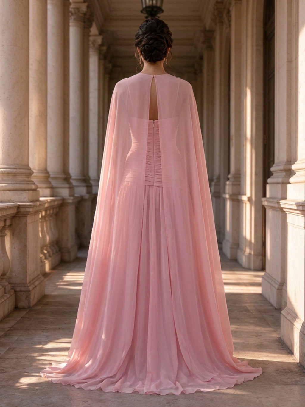 Blush Pink Strapless Ruched Cape Slit Evening Dress