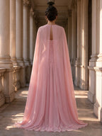 Blush Pink Strapless Ruched Cape Slit Evening Dress