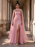 Blush Pink Strapless Ruched Cape Slit Evening Dress
