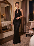 Black Halter Neck Keyhole Shimmer Mermaid Evening Dress