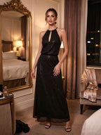 Black Halter Neck Keyhole Shimmer A-Line Long Evening Dress