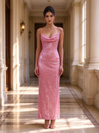 Pink Sequin Cowl Neck Spaghetti Strap Column Evening Dress