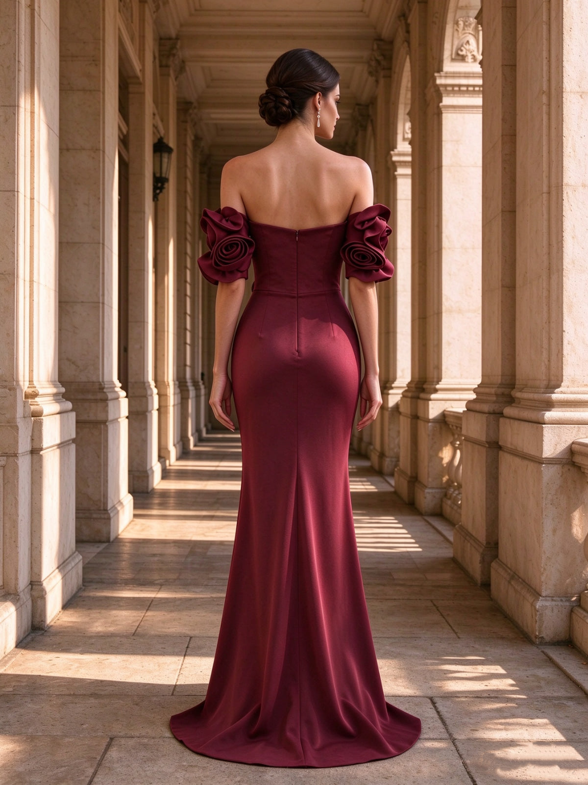 Off Shoulder Rosette Burgundy Column Evening Dress