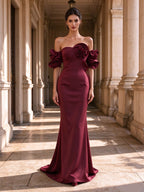 Off Shoulder Rosette Burgundy Column Evening Dress