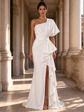 One Shoulder Draped Crepe Mermaid Evening Dress High Slit