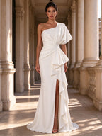 One Shoulder Draped Crepe Mermaid Evening Dress High Slit