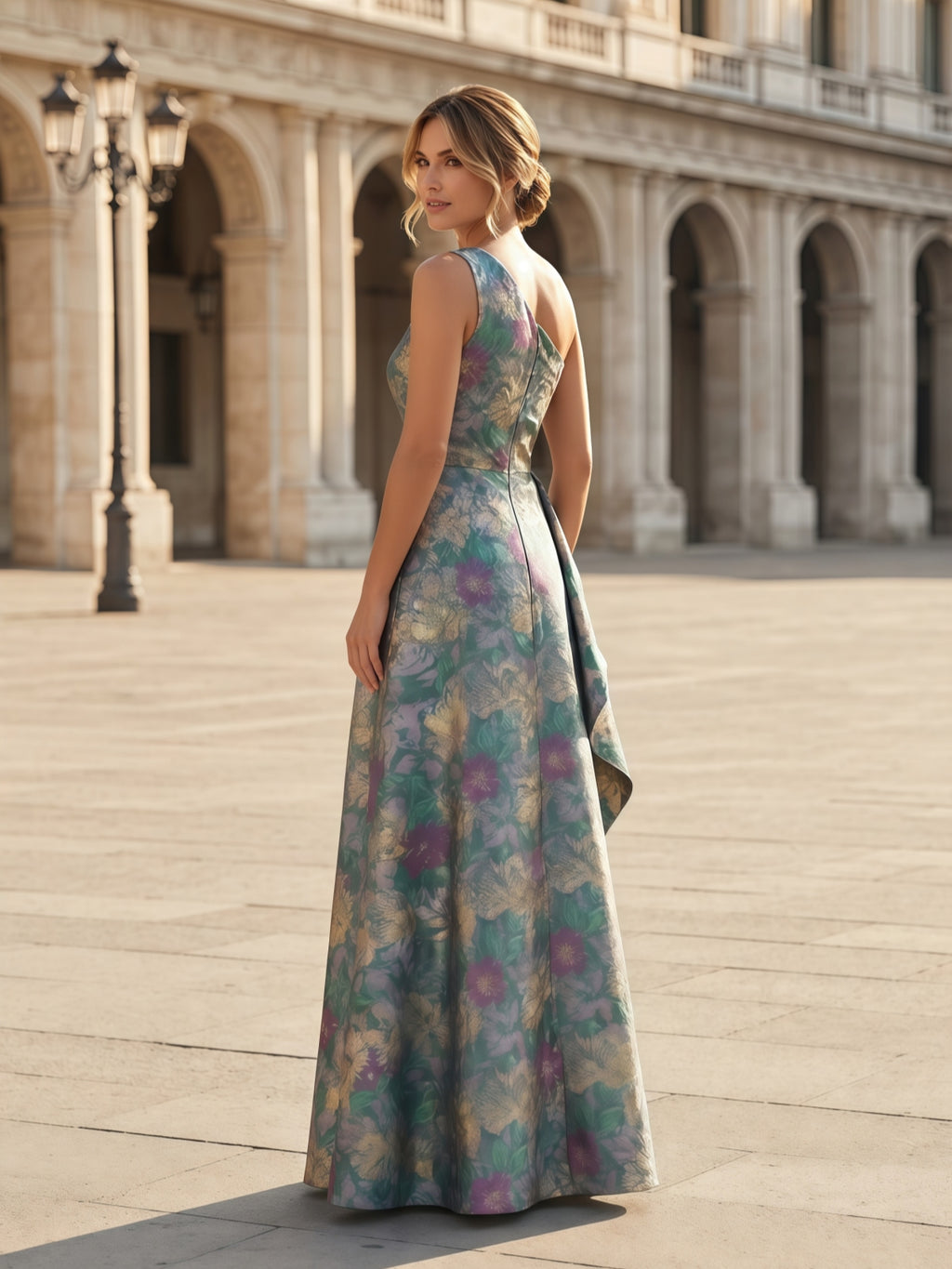One Shoulder Floral Brocade Cascading Ruffle Evening Dress Mother of the Bride Gown