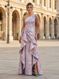 One Shoulder Floral Brocade Cascading Ruffle Evening Dress Mother of the Bride Gown