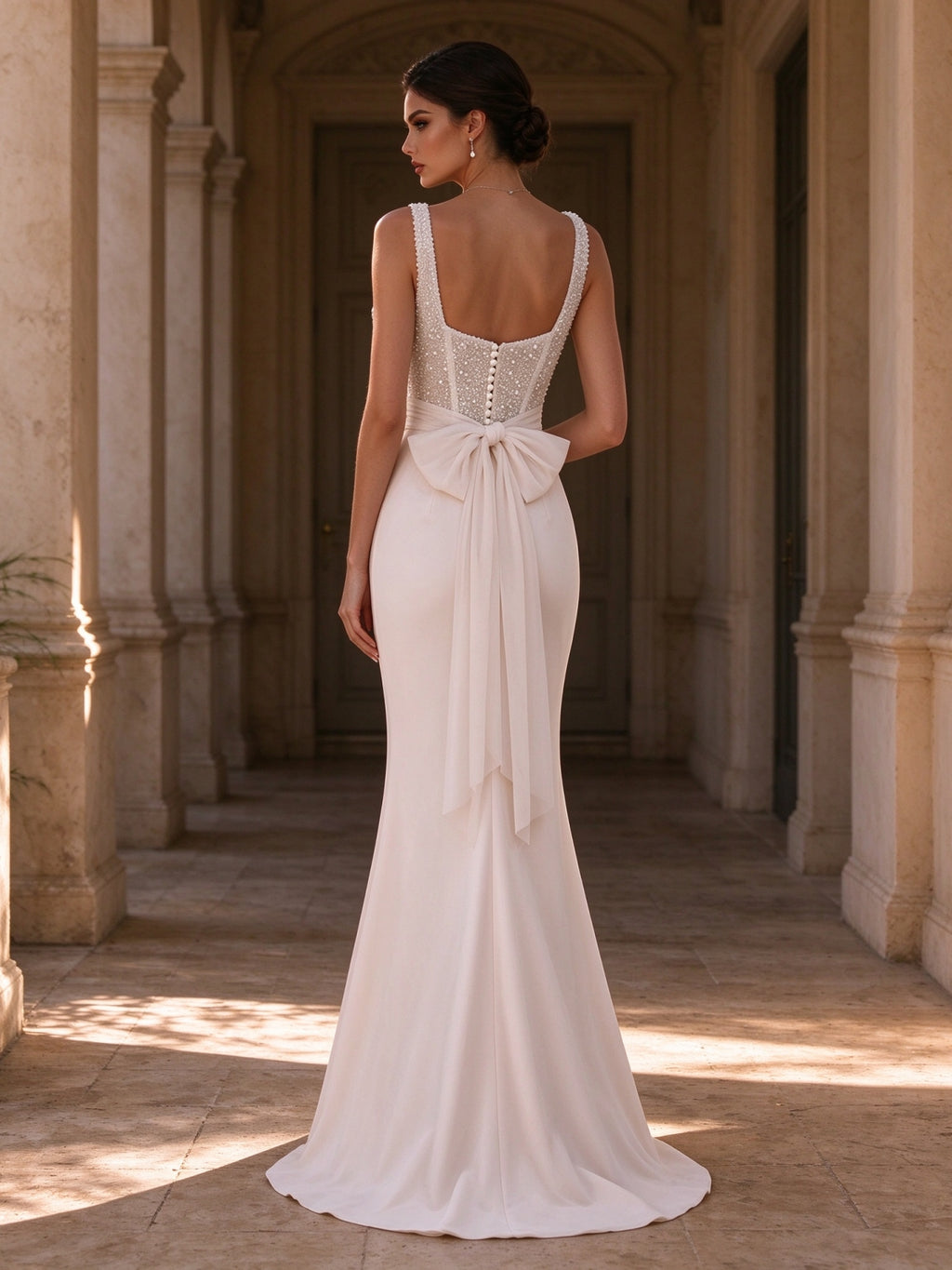White Beaded Corset Square Neck Satin Mermaid Wedding Gown