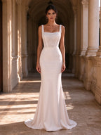White Beaded Corset Square Neck Satin Mermaid Wedding Gown