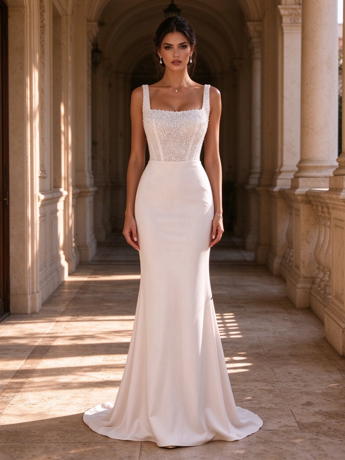 White Beaded Corset Square Neck Satin Mermaid Wedding Gown