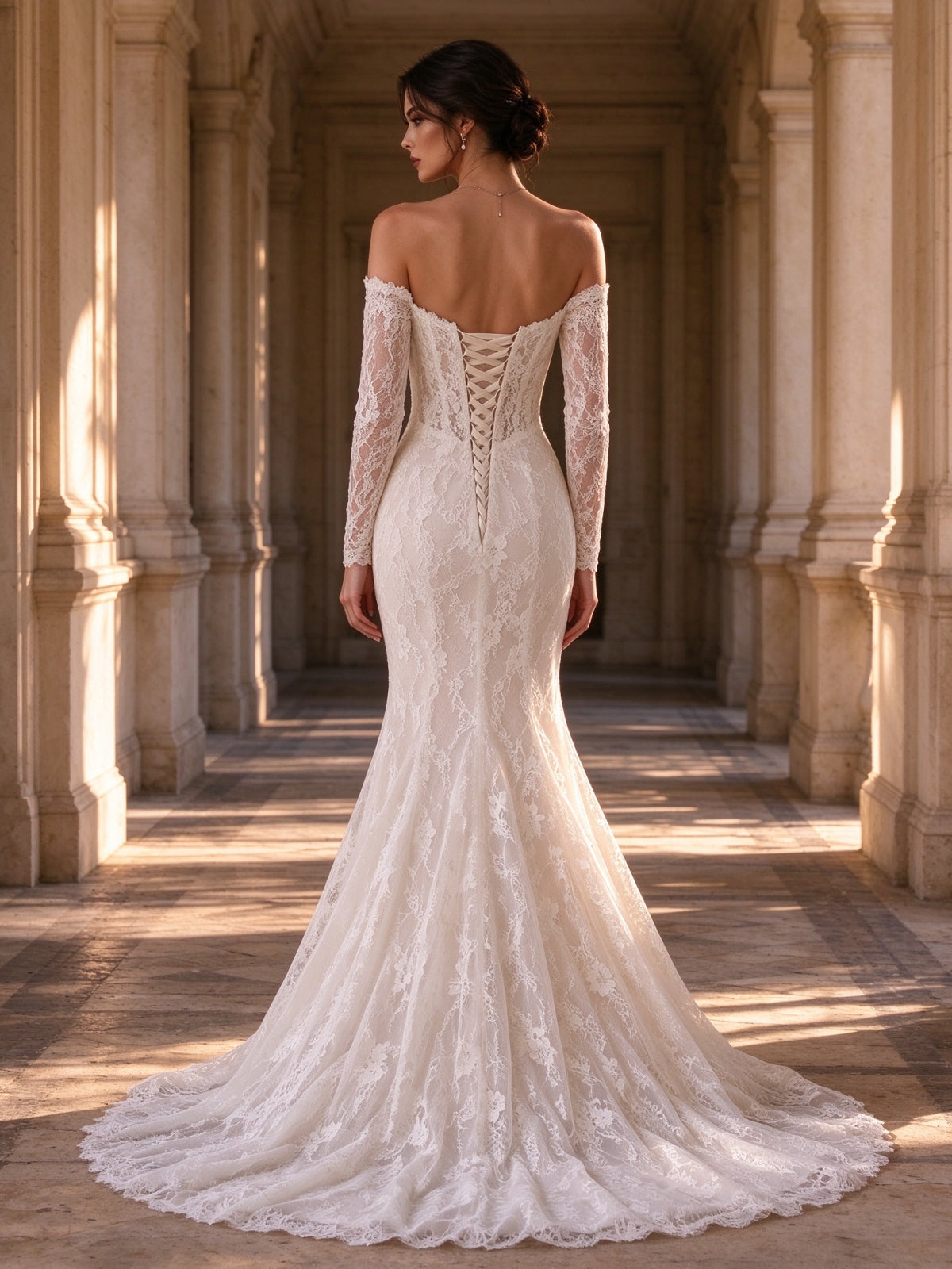 Ivory Lace Off Shoulder Long Sleeve Mermaid Wedding Gown