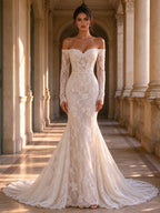 Ivory Lace Off Shoulder Long Sleeve Mermaid Wedding Gown