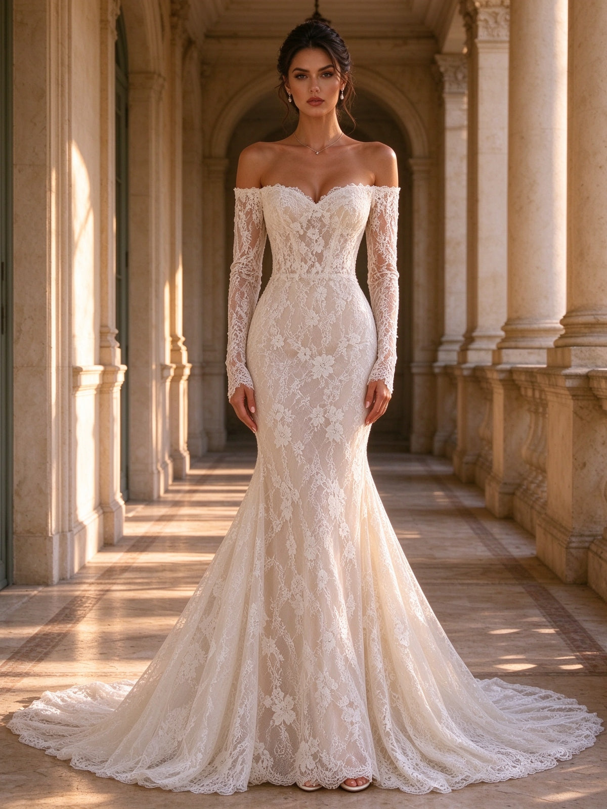 Ivory Lace Off Shoulder Long Sleeve Mermaid Wedding Gown
