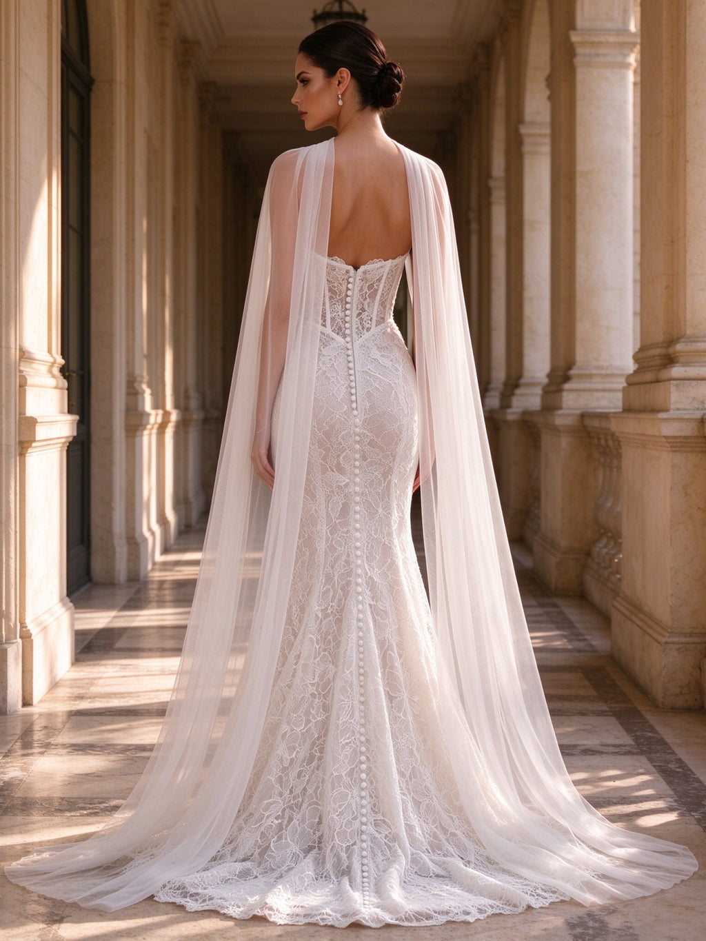 Ivory Lace Corset Deep V Tulle Cape Mermaid Wedding Gown