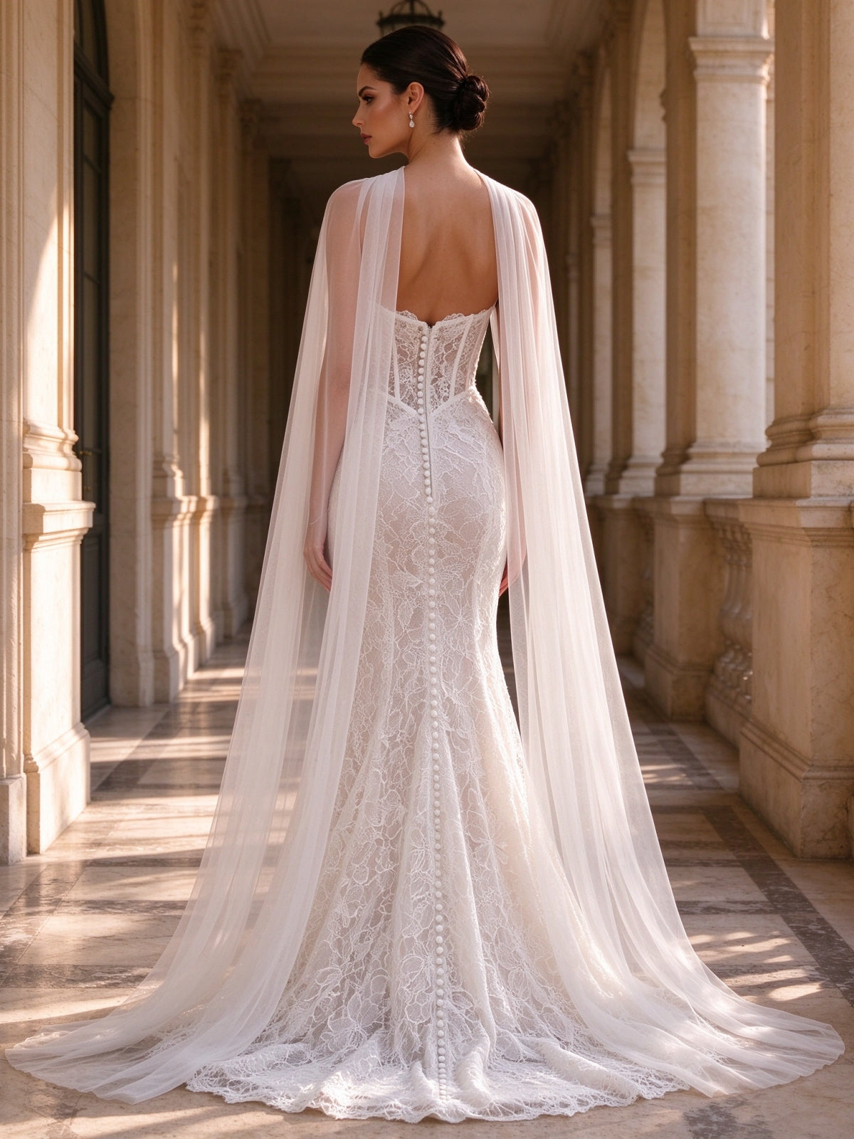 Ivory Lace Corset Deep V Tulle Cape Mermaid Wedding Gown