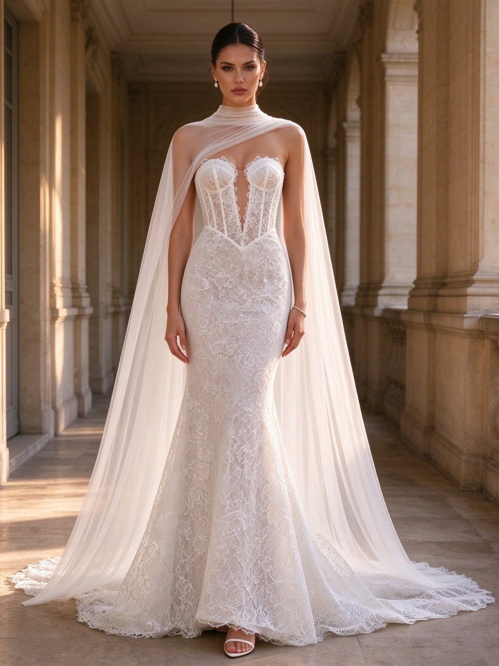 Ivory Lace Corset Deep V Tulle Cape Mermaid Wedding Gown