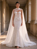 Ivory Lace Corset Deep V Tulle Cape Mermaid Wedding Gown