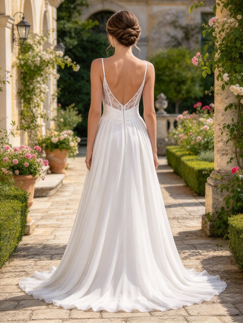 White Spaghetti Strap Cross Ruched Lace Slit Wedding Gown